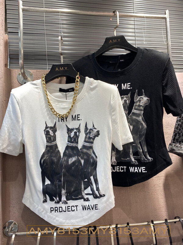 [Amy] puppy print Pullover short sleeve T-shirt 8153# WTT