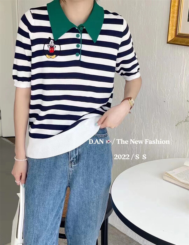 [d.an] Korean Polo neck stripe short sleeve T-shirt 8881# zxx
