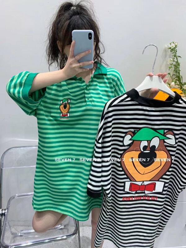 [seven 7] Korean loose print Stripe Polo Shirt 8168# WTT