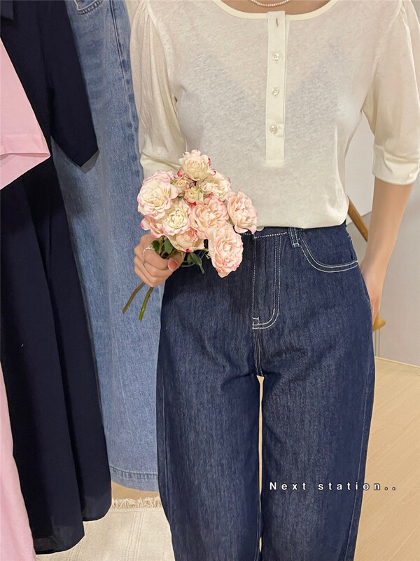 [next station] Korean loose bubble sleeve round neck short sleeve T-shirt 22165# ZSY