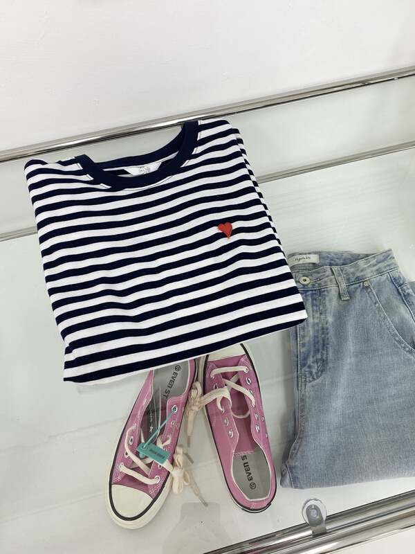 [C oni] Korean stripe contrast color love Pullover short sleeve T-shirt c229-wt-010# lwy