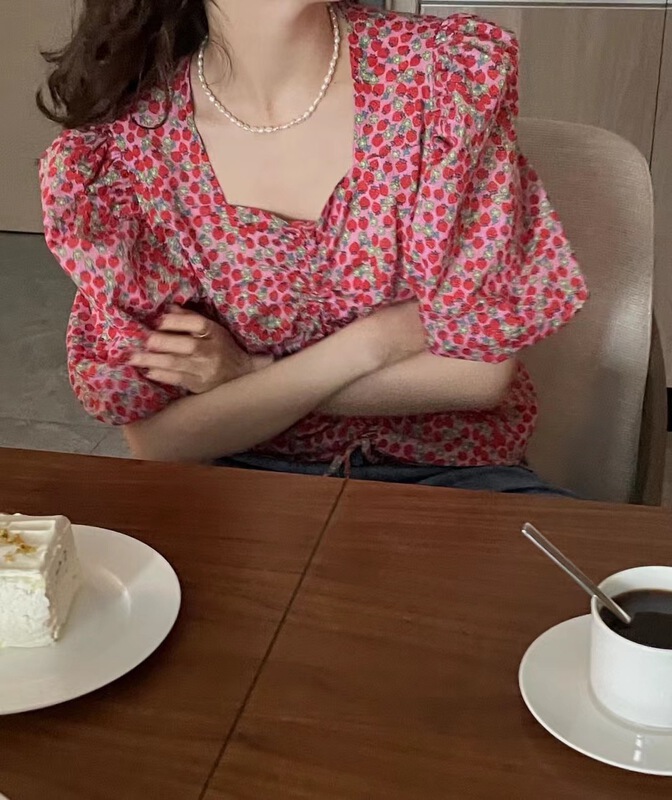 [m.zi studio] V-neck floral drawstring lace up blouse 5627# HBx