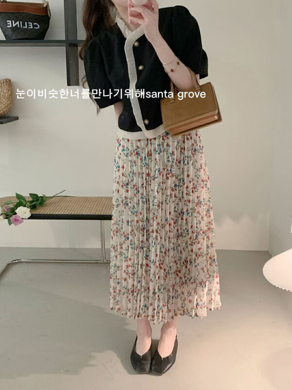 [wgwe] fashion color contrast blouse + floral mid length skirt two piece suit 1619# PCZ