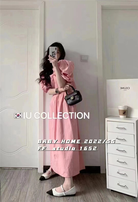 New in early summer! [Yan Zhen] temperament Korean French square neck bubble sleeve hollowed out dress 77203# PCZ