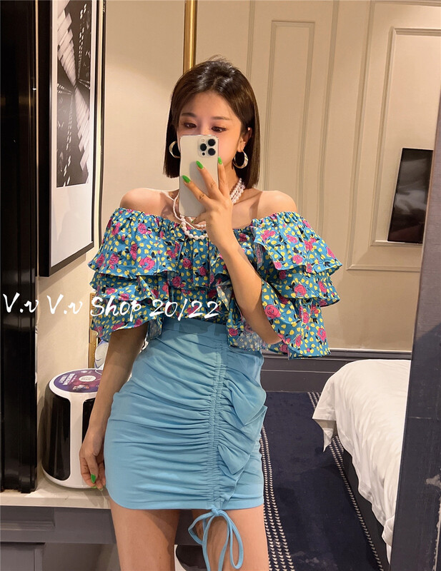 New in early summer! [v.v] fashionable ruffled one-line collar shirt 7178# cqw