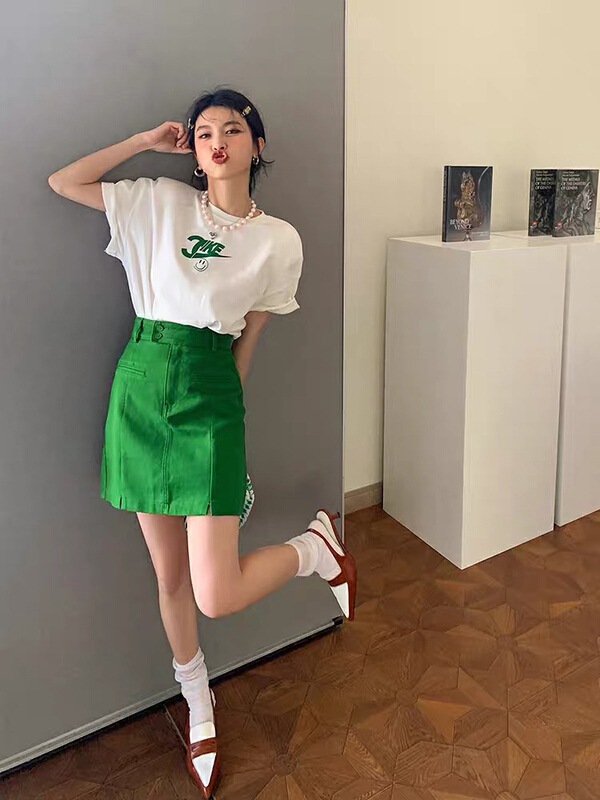 New in early summer! [HH] Korean style printed short sleeve T-shirt + solid color slim skirt set 2418# LSL