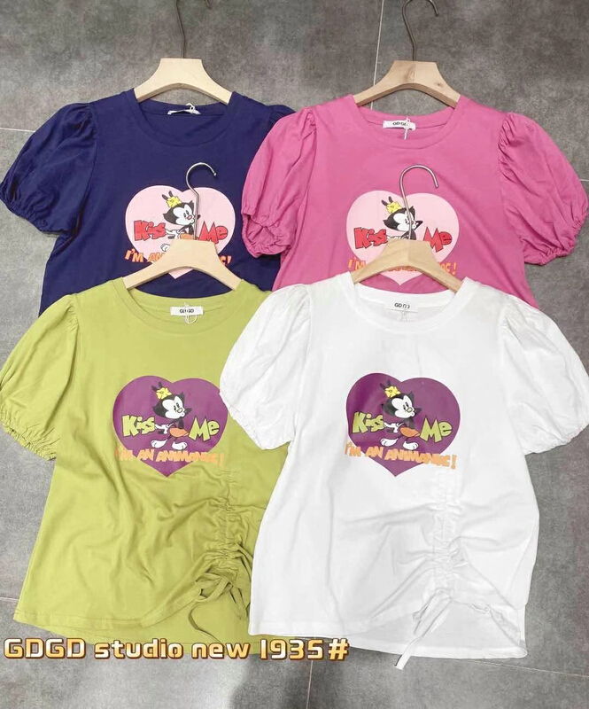[gdgd] cartoon printed bubble sleeve pleated drawstring short sleeve T-shirt 1935# WTT
