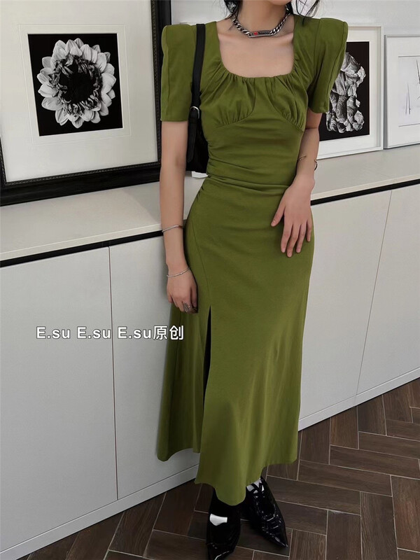 goods in stock! [e.su] Korean style square neck short sleeve knitted dress 3808# lwy