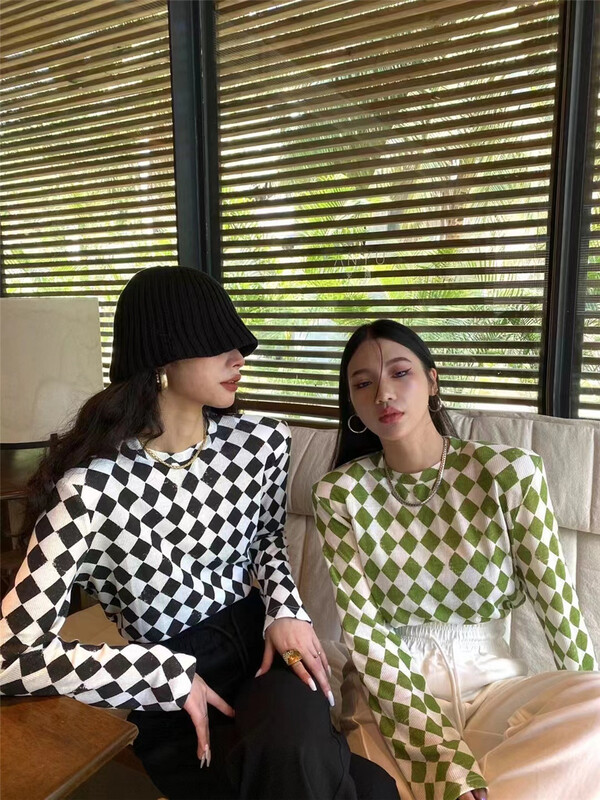 [Bella Bella] personalized diamond check shoulder pad long sleeve T-shirt 6853# WTT