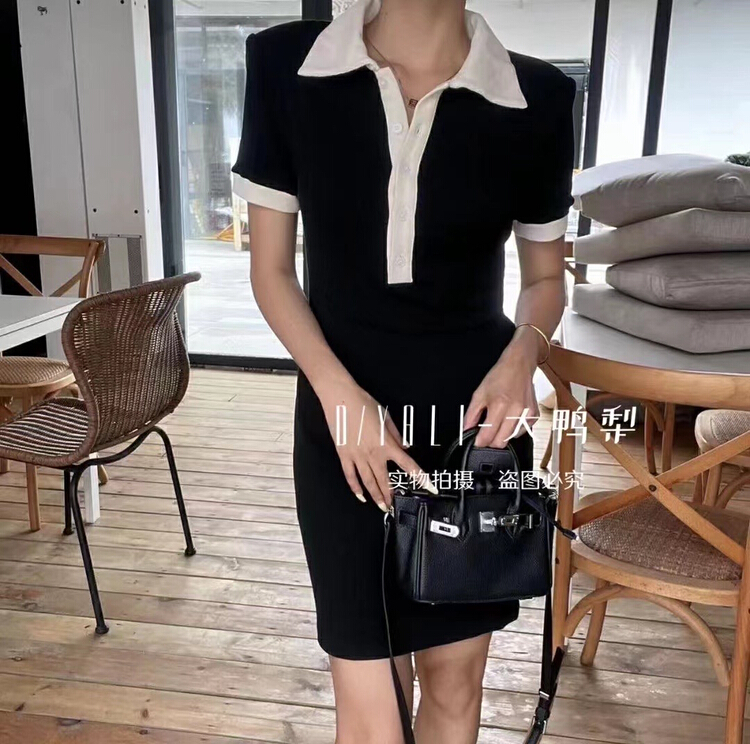 New in early summer! [Hello] Korean polo collar contrast short sleeve dress ys6307# lwy