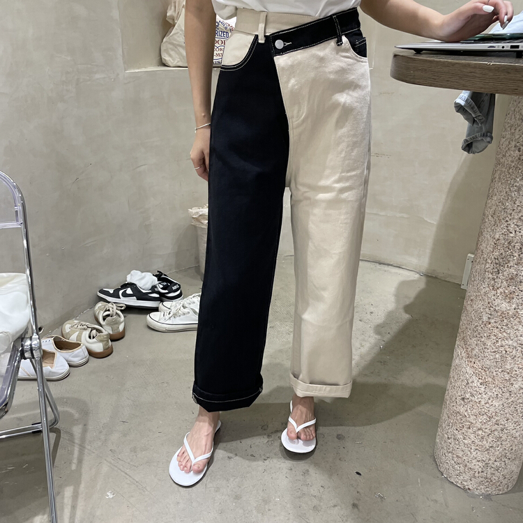 New in early summer! [hey & Momo] color blocked straight wide leg jeans 8898# ll