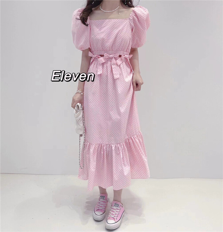 [eleven] square neck wave dot printed bubble sleeve blouse + high waist slim skirt suit 2532# PCZ