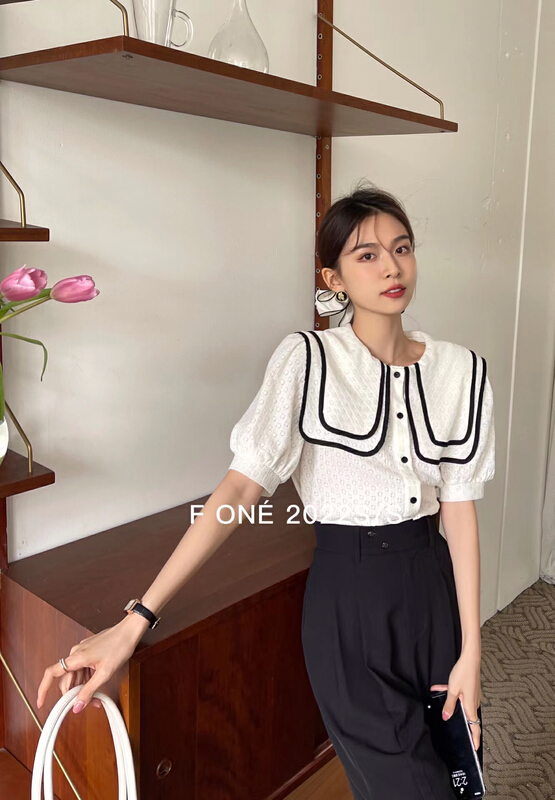 [f one] French simple color contrast large lapel shirt 56161# WPL