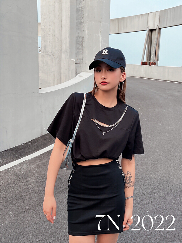 [7n] Korean hollow chain design versatile loose large short sleeved T-shirt 2008# ozq