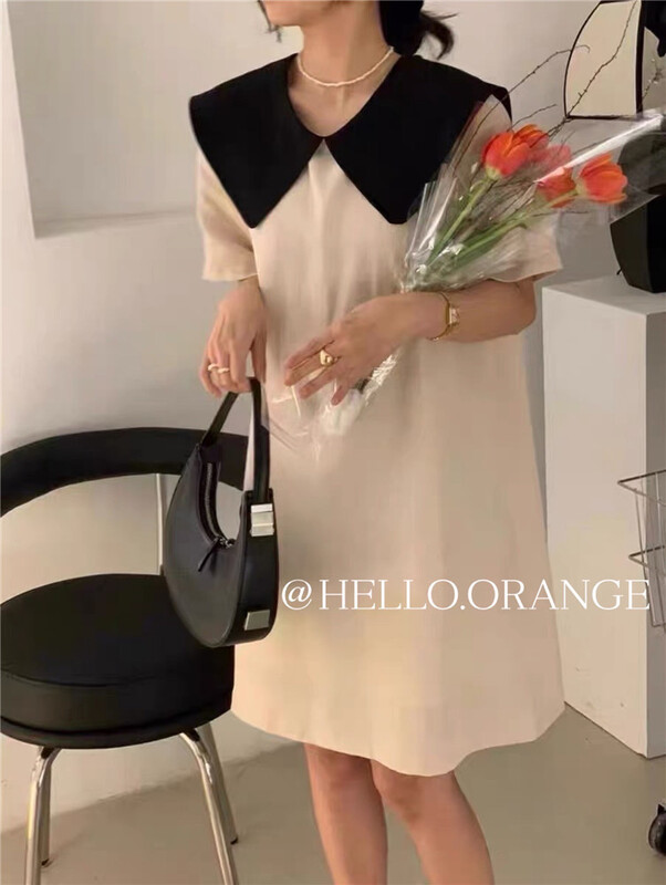 [orange] Korean color blocking doll neck bow dress 8839-1# HBx