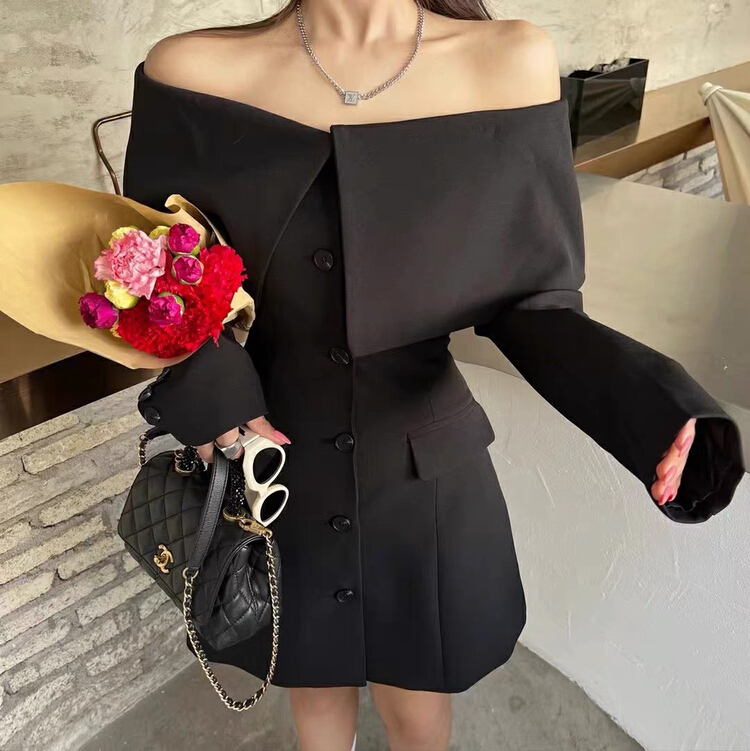 goods in stock! New year in early spring! [RM. HH] straight neck off shoulder sexy single breasted slim suit dress 235# ozq