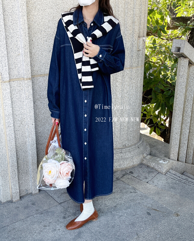 New year in early spring! [timely rain] Korean style ins loose lace up open thread long sleeved denim skirt (with belt) (excluding shawl) 31259# jhy
