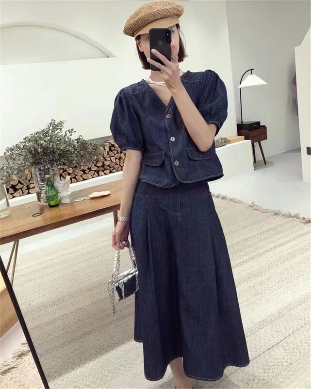 [Naikan Nik] Korean style button up short sleeved blouse + high waist pleated skirt set 9590# lwy