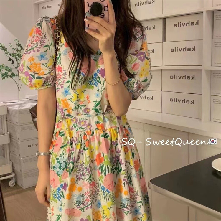 goods in stock! New in early summer! [sq] Korean V-neck contrast flower stitching lace up dress 3308# zxx
