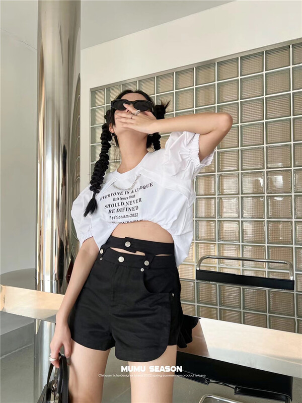 [Mumu session] hollow waist fashion denim shorts (with detachable waist) 6179\zxl