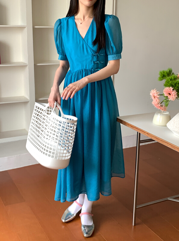 New in early summer! [new open] French retro V-neck dress xl22665# zxl