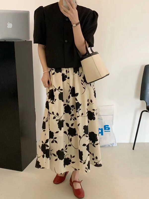 New in early summer! [hi] Korean print long skirt 5183# hjy