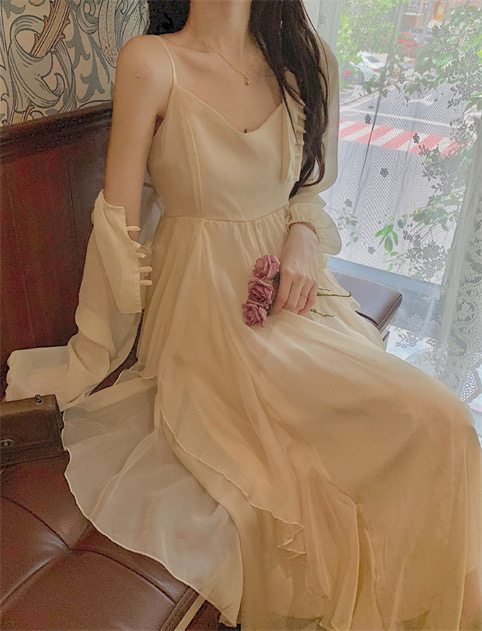 New in early summer! [LL. Studio] Korean textured outer drape ➕ Ruffled large swing sling skirt suit 7372# PCZ