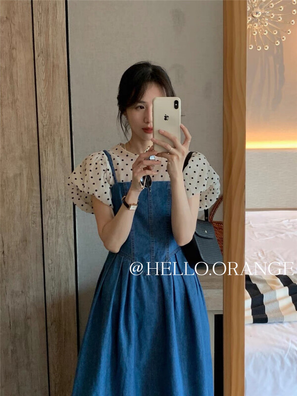 [orange] Korean wave dot blouse + sleeveless versatile dress set 1846# HBx
