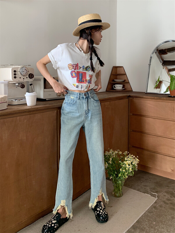 New in early summer! [timely rain] Han Feng ins retro design irregular rough edge high waist thin straight jeans 23215# WPL