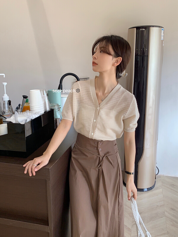 New in early summer! [seek peach] simple foreign style V-neck versatile Tencel knitted cardigan 1307# ll