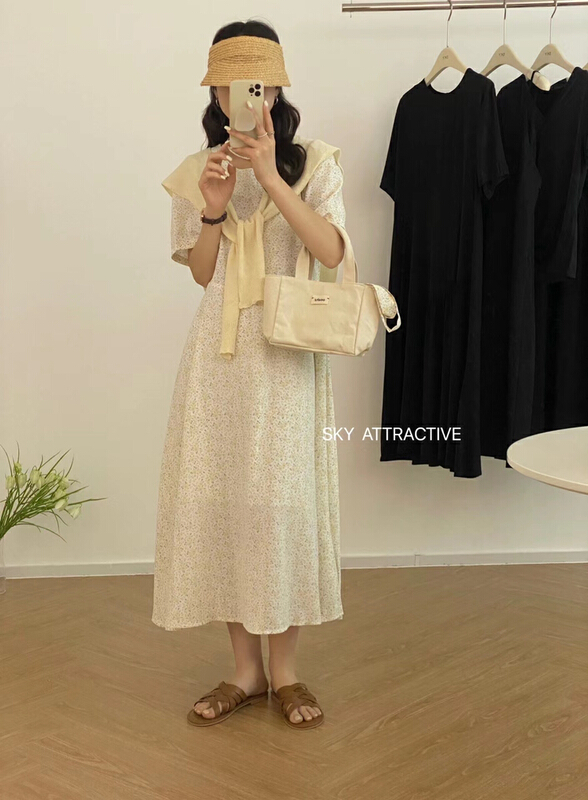 New in early summer! [sky] round neck floral dress (with shawl and belt) s19229-1# HBx