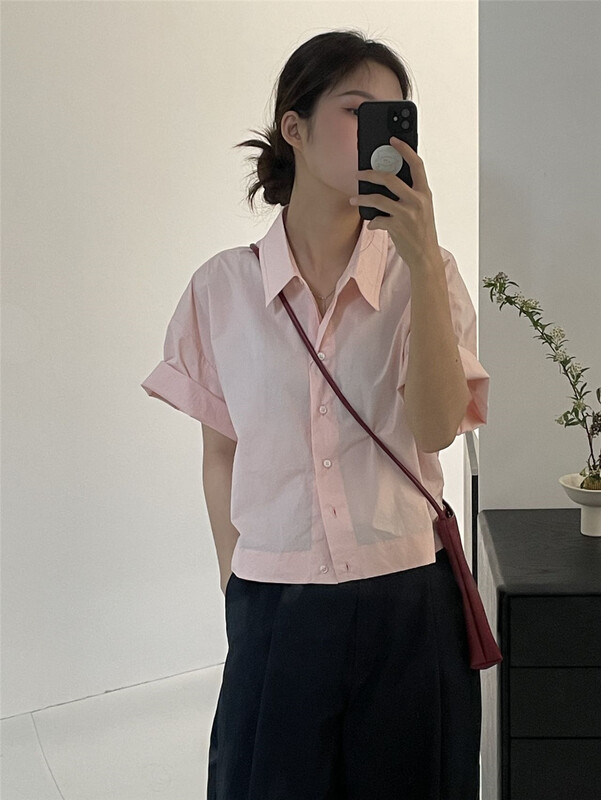 New in early summer! [clean space] Korean style pure color textured short sleeve shirt 31616 # CLS