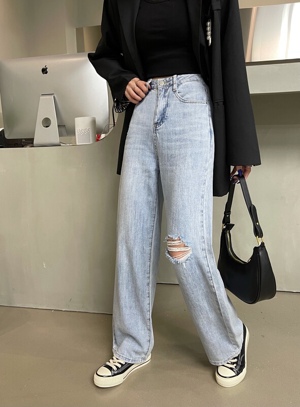 Original price 69.93! [Mi & Co Wu] slim and versatile elastic wide legged jeans with holes t2520# hjy