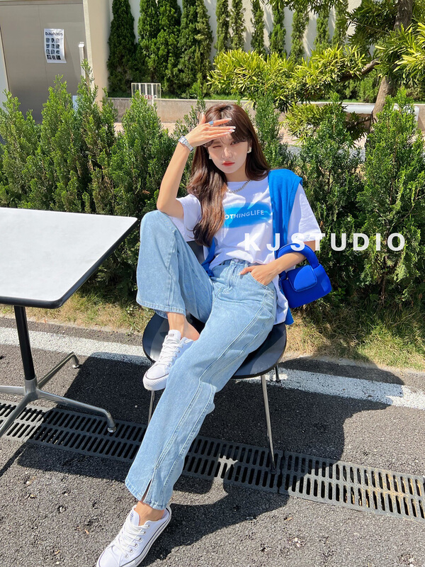 [kJ] high waist split slightly flared leg straight jeans 2840# zxl