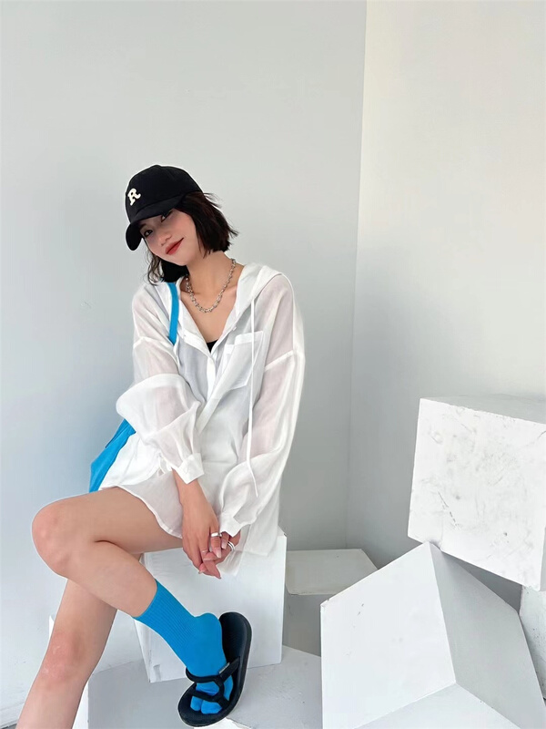 [black + white] Korean hooded loose windbreaker 4366# XYJ