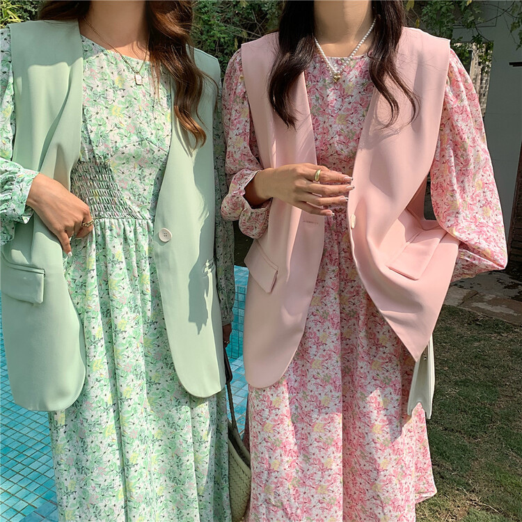 [tab CP] Korean versatile V-neck Suit Vest + round neck floral dress suit ys1-8956# zxx