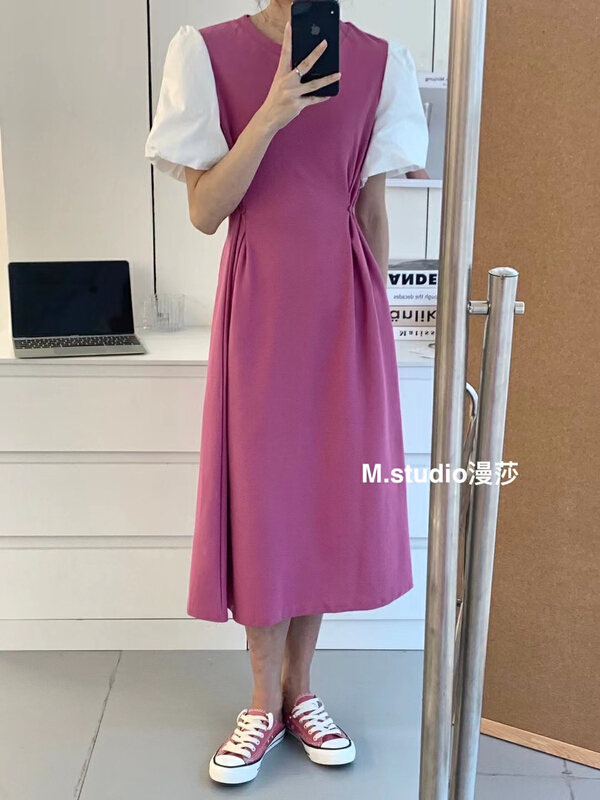 New in early summer! [MSTUDIO MANSA] Korean Style Lantern Sleeve waist dress (with waist bag) y6636# ll