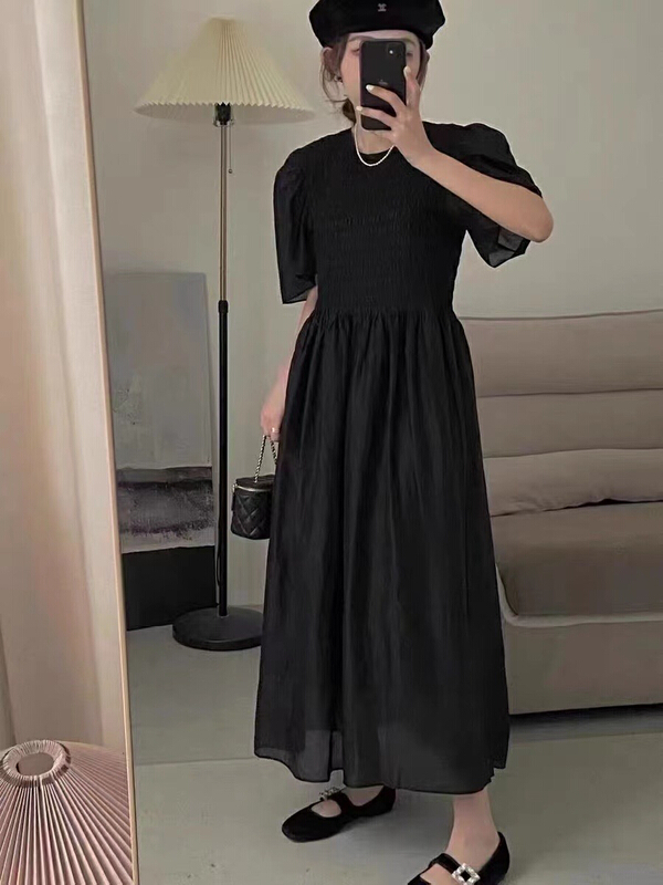 New in early summer! [zicci] Korean fashion round neck bubble sleeve long waist closing dress 106592# lwy