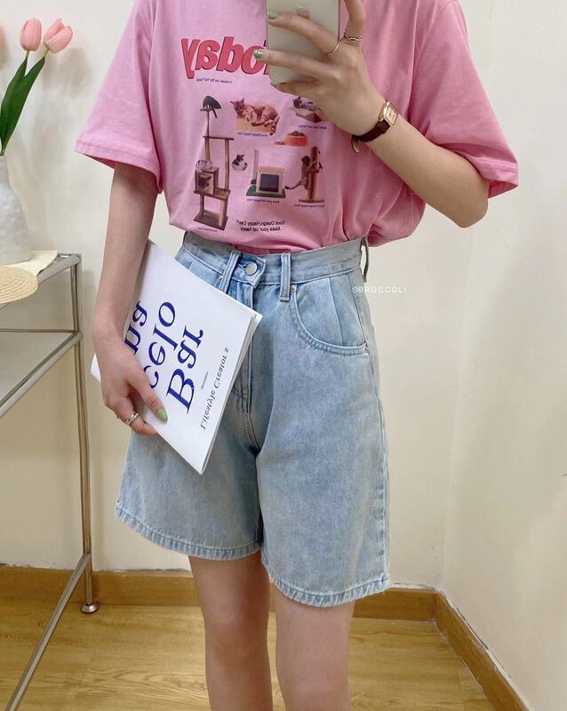 [broccoli] high waist loose wide leg five point denim shorts 1019# zjy
