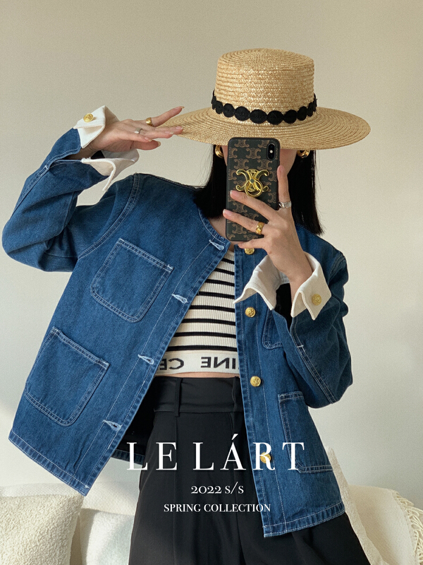 goods in stock! [le lart] high fashion French style small fragrance gold button shoulder pad denim jacket n018# jhy