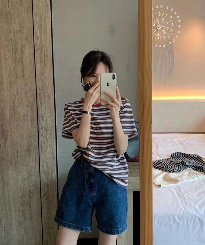 [h2-studio] Korean contrast stripe loose short sleeve T-shirt a725# HBx