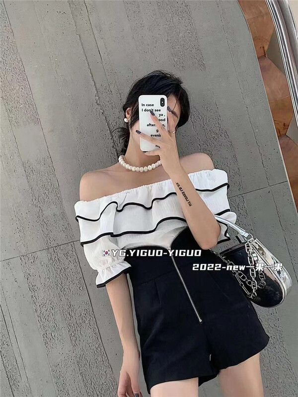 [yiguoyiguo] one shoulder color blocking Fashion Chiffon shirt 68101# PCZ