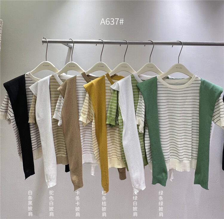New in early summer! [h2-studio] Korean casual stripe short sleeved sweater (with shawl) a637# HBx