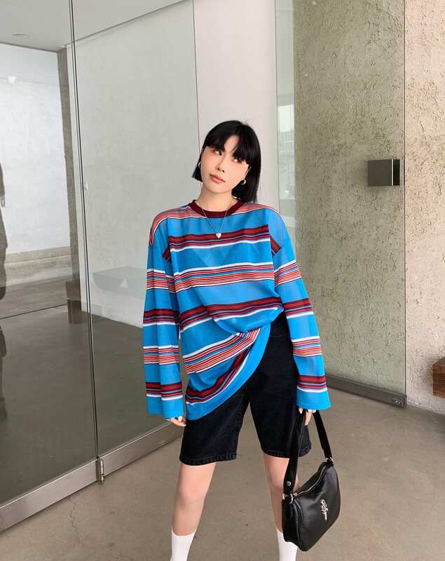[DTU] sunscreen knitted stripe long sleeve T-shirt 32999# LSL