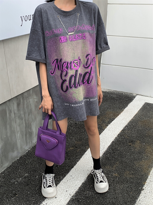 New in early summer! [didi] Korean Pullover letter printed short sleeve T-shirt (with chain) 5090# ozq