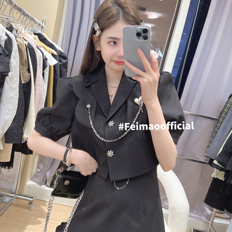 早春上新!【FEIMAO菲貓】設計感復古洋氣短外套+顯瘦高腰半身裙套裝  YM-7022#  LSL