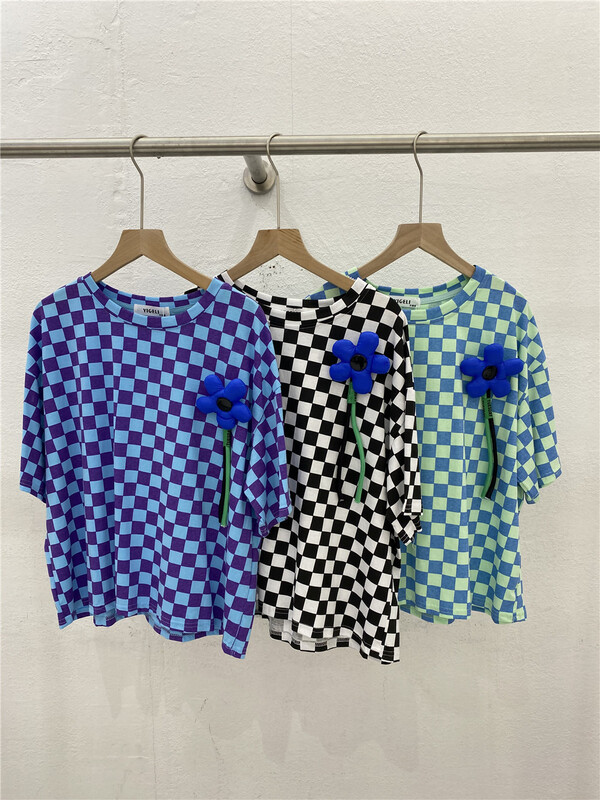 [Yi Ge Li] Korean loose checkerboard short sleeve T-shirt (with detachable decoration) 1191# WPL