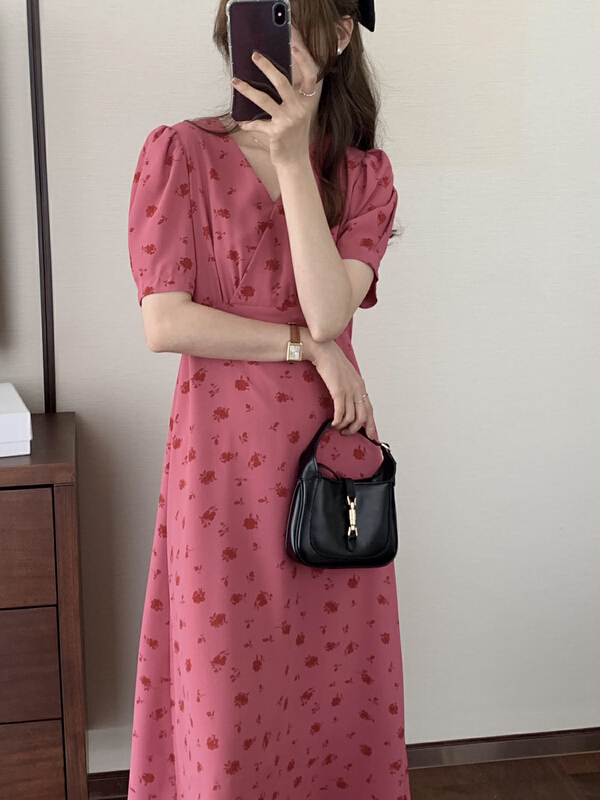 [T.G] Vintage V-neck floral dress 17366# cqw