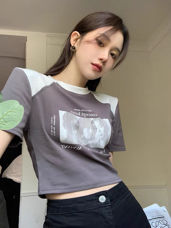 [top] Korean retro color contrast short ins short sleeve T-shirt 2065# zjy