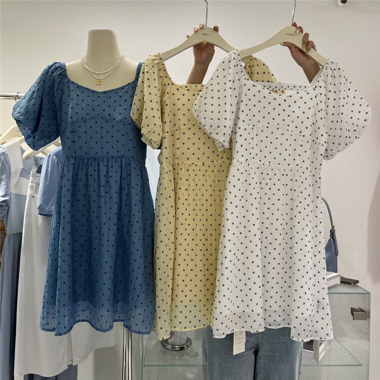 [namil] square neck wave point bubble sleeve dress (only skirts) 2119# LSW